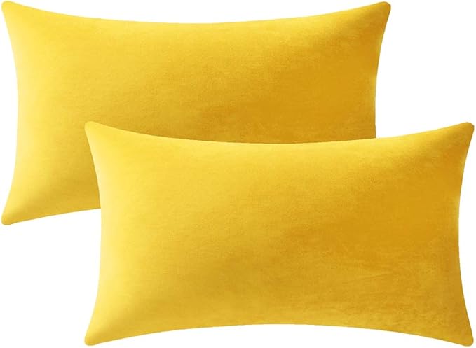 DEZENE Lumbar Pillow Covers 12x20 Yellow: Pack of 2 Cozy Soft Velvet Rectangular Modern Luxury Decorative Throw Pillow Cases for Sofa Couch Living Room Bed Home Decor