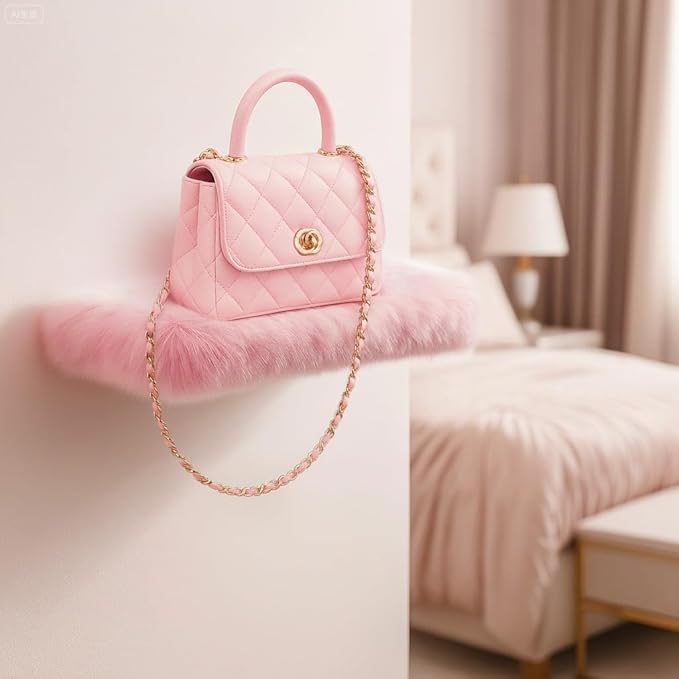 2 Pack Pink Floating Shelves for Wall, Wood Shelf with Fluffy Soft Pink Shag Cover,Wall Mounted Shelves for Bedroom, Living Room, Suitable for Storing Valuable Collectibles,Purses,Handbags,High Heels