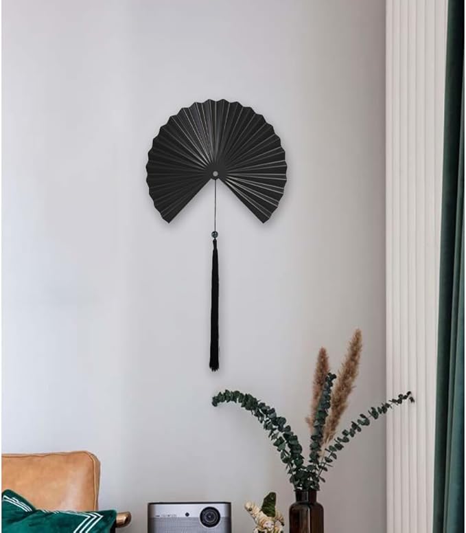 ITrixgan Wall Fan Decor Minimalist Black Wall Art for Living Room, Decorative Metal Wall Decor Fan with Tassels for Bedroom Above Bed TV, Modern Black Metal Wall Art Fan Set of 2