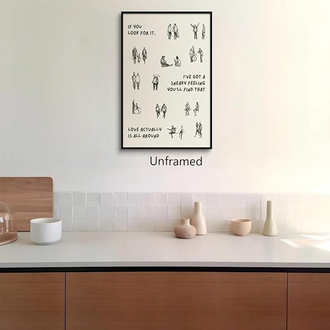 Beige and Black Canvas Wall Art, Love Actually Is All Around Warming Quote Poster, Neutral Hues Tiny People Walking Picture, Minimal Typography Print for Bedroom Living Room 12x16in Unframed