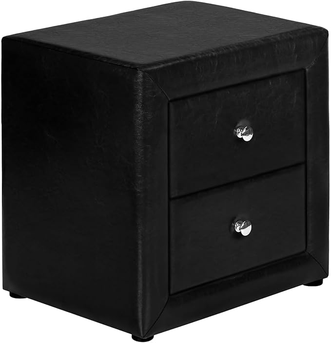 End or Side Table Nightstand with Upholstered Black Leather Look and Storage Drawer for Bedroom