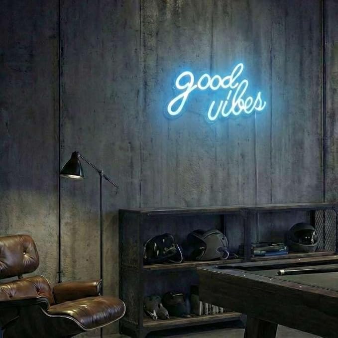 DECANIT Good Vibes Neon Sign Ice Blue, Cool LED Light for Wall Decor, Game Room, Man Cave, Bar, Streamer Setup, USB Powered Gamer Gift, 16.1x8.3 Inch