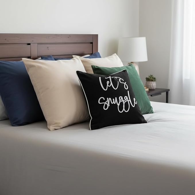 Sunkifover Let's Snuggle Decorative Throw Pillow Cover - 18" x 18" Black and White Cotton Embroidery Suqare Throw Pillowcase for Bed, Bedroom, Living Room, Home Decor