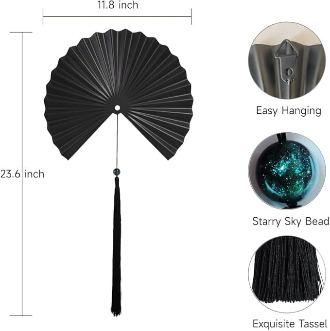 ITrixgan Wall Fan Decor Minimalist Black Wall Art for Living Room, Decorative Metal Wall Decor Fan with Tassels for Bedroom Above Bed TV, Modern Black Metal Wall Art Fan Set of 2
