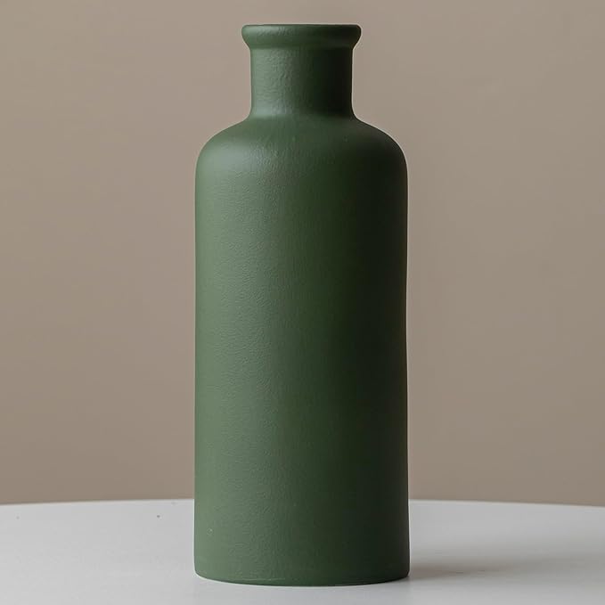 Green Ceramic Vase for Flowers, Modern Decorative, 10 Inch Tall, 4 Inch Width, Farmhouse Style Home Decor for Pampas Grass, Living Room, Dining Table, Office Decor, Kitchen Shelf (Mattte Green)