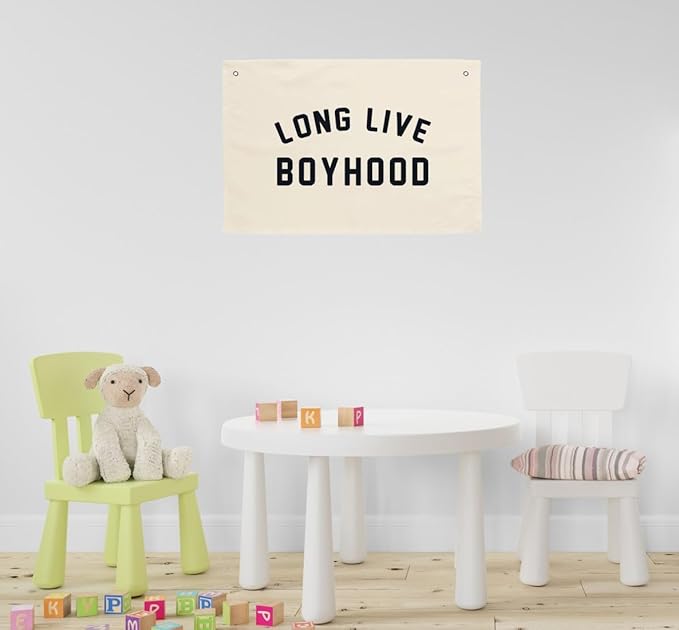MINI ZOZI Long Live Boyhood Hanging Flag 20X30 Banners Black Canvas Wall Decor Art Sign Boys Room Boy Bedroom Banner Toddler Playroom Baby Kids Nursery Fabric Flags Tapestry