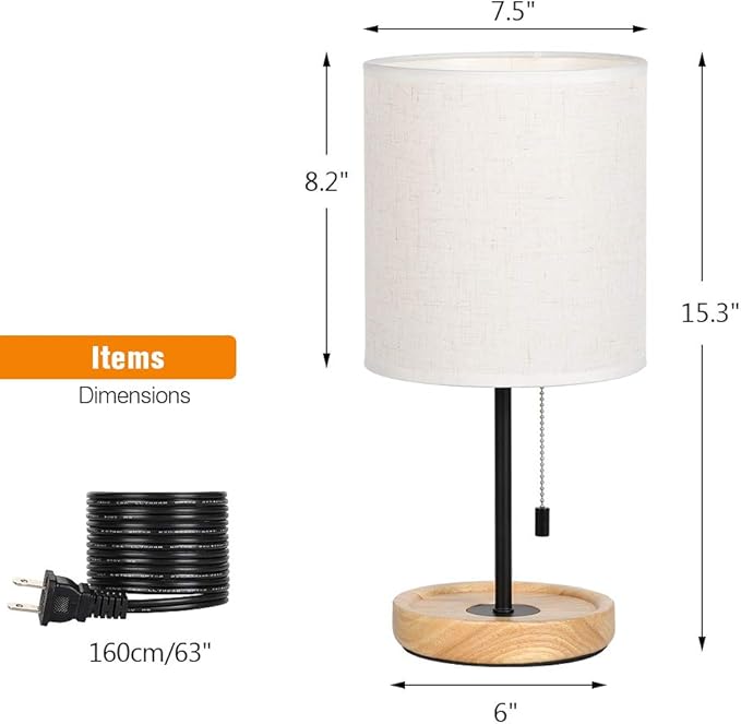 CADUKE Modern Table Lamp, Nightstand Desk Lamp, Bedside Lamp with Wood Base and Linen Shade for Living Room, Bedroom, Office, College Dorm
