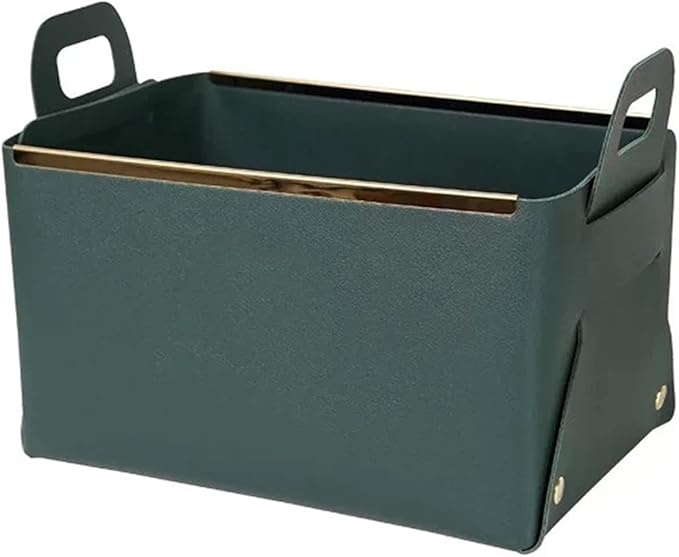 Small Basket for Organizing Makeup Snack Magzine,Folding Cube Organizer Bin with Handles,Faux Leather Decorative Tray (Dark Green)