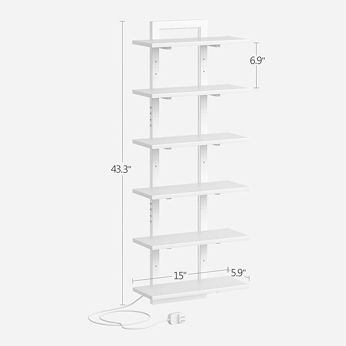 6 Tier Wall Shelf Unit with LED Light, White Floating Shelf, Vertical Display Shelf, Wall Decor for Bedroom, Living Room, Vanity, 15" W x 5.9" D x 43.3" H