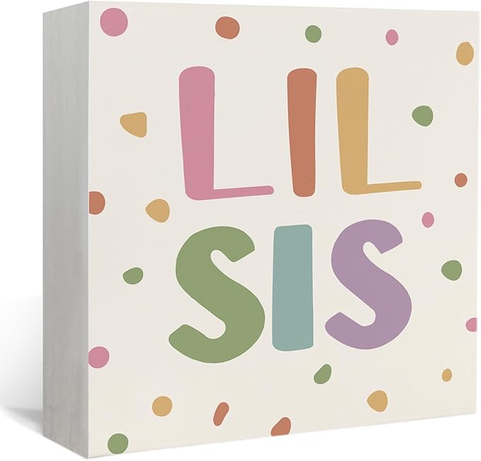 Lacama Boho Girl Nursery Wooden Box Sign, Little Sister Decorations Wood Block Signs, Twin Room Wood Sign for Toddler Girls Room Bedroom Playroom Desk Shelf Wall Decor 5x5 Inches
