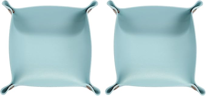 HARFINGTON 2pcs PU Leather Valet Tray Unisex Folding Small Catchall Tray Portable Entryway Table Tray Nightstand Bedside Desk Tray for Key Wallet Watch Coin Jewelry Dice, Light Blue