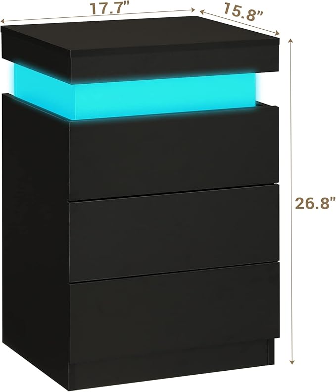 ADORNEVE Nightstand with Charging Station and LED Lights,Night Stand with Sliding Top,Bedside Table with Drawers,Modern End Side Table for Bedroom,Black