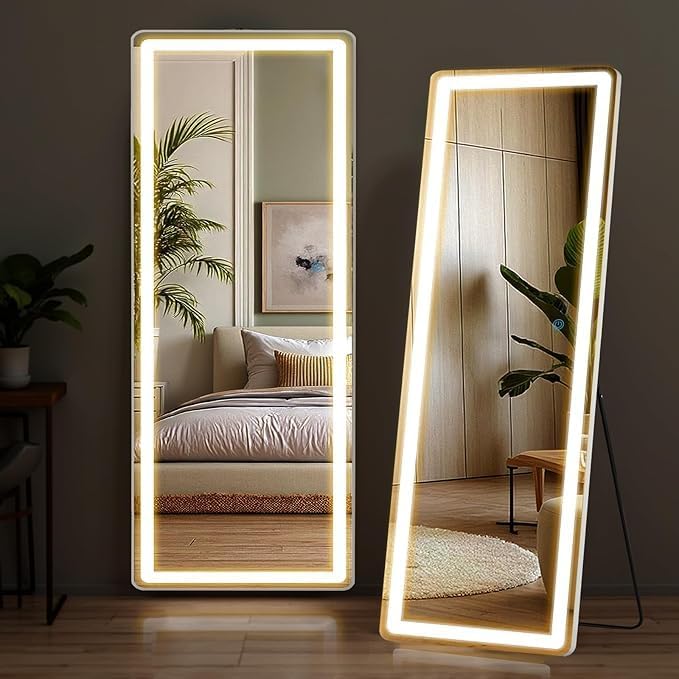 NEWBULIG Full Length Mirror with Stand 21"×64", LED Light Floor Standing with 3 Color Lighting for Bedroom Body Hanging Modern Simple Home Decor Wall Living Room Cloakroom