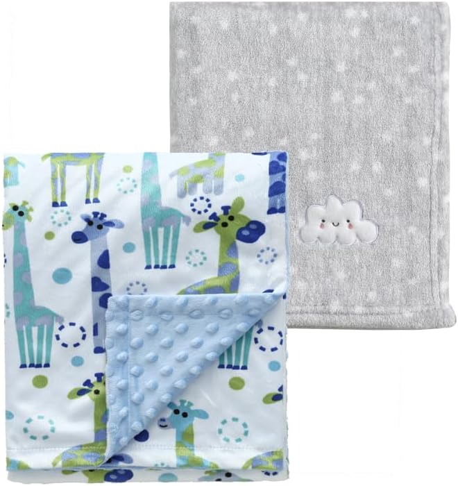 CREVENT 2Pcs 30''X40'' Cute Cozy Fluffy Warm Baby Blankets for Infants Toddlers' Bedding Crib Cot Stroller - Grey Cloud + Minky Giraffe