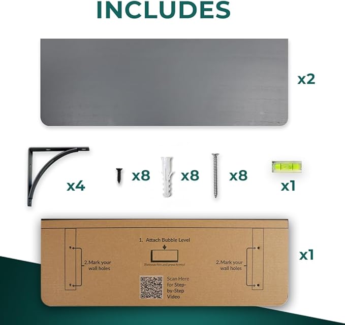 Reinforced Steel Bracket Grey Wall Shelves - Easy to Install, Template and Video Included - Grey Shelf for Wall, Gray Shelf for Bathroom