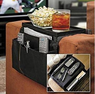 Sofa Armrest Organizer with Cup Holder Tray 6 Pockets TV Remote Control Organizer Sofa Couch Armchair Caddy Organizer Tidy Pocket Hanging Storage Bag Holder for Cellphone Magazine Drinks Snacks Black