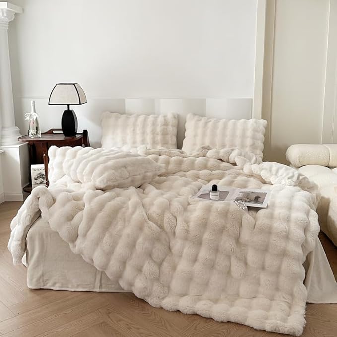 H&D Faux Fur Throw Blanket for Couch,Fluffy Cozy Soft Plush Luxury Thick Fuzzy Fleece Blanket for Couch Bed Sofa Bedroom Living Room,Comfy Bubble Blanket(Ivory, Full (70"x80"))