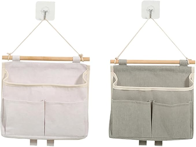 2 Pack Wall Organizer Hanging Basket Wall Storage Bag with Hooks, Linen-Cotton Over The Door Pouch Waterproof Bedside Closet Organizer Bags for Kitchen, Bedroom, Bathroom, Dorm, RV Camper