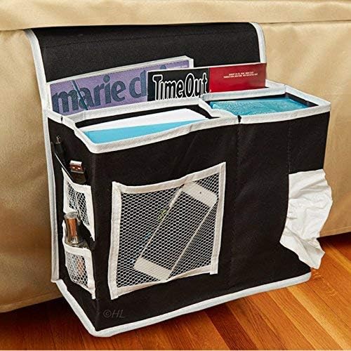 Oxford Bed Pockets Portable Remote Control Bedside Storage Caddy Hanging Organizer Bag with 6 Pockets Bed Sofa Organizer for Magazine Tissue Phone Black