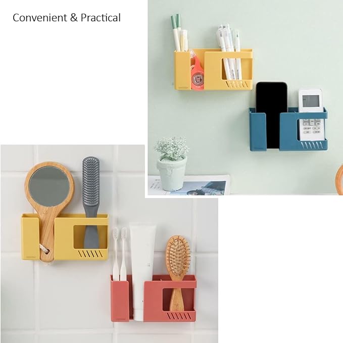 D3 Wall Mount Phone Holder, Punch-Free Wall-Mounted Mobile Phones Charging to Stand, Sticky Remote Control Storage Box Bedside Lazy Mobile Phone Rack, Multipurpose Storage Box (Yellow)
