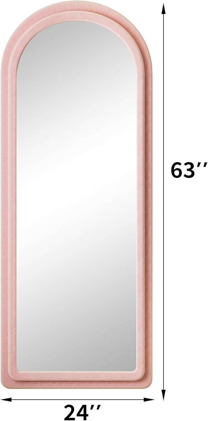 Floor Mirror, Full Length Mirror with Stand, 63"x24" Freestanding Arched Mirror Full Length Hanging or Leaning, Wall Mounted Mirrors with Flannel Frame, Large Mirrors for Bedroom (Pink)