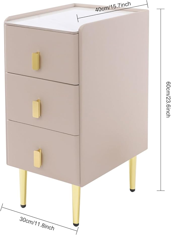 Narrow Nightstand with 3 Drawers, Narrow Side Table End Table Leather Bedside Cabinet Slim Storage Bedside Table for Small Space Bedroom Living Room Dormitories (Pink)