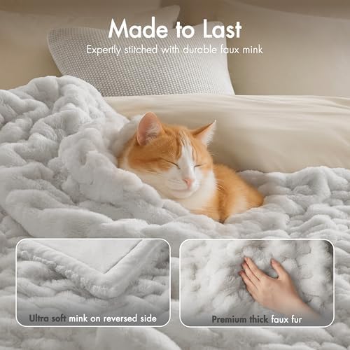 Madison Park Ruched Luxury Throw Premium Soft Cozy Brushed Long Faux Fur For Bed, Couch or Sofa, 50"x60", Silver Grey
