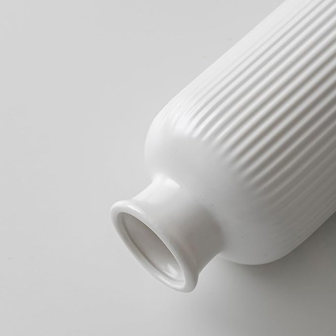White Ribbed Ceramic Vase for Flowers, Modern Textured Decorative Vase, 10 Inch Tall, Farmhouse Style Home Decor (Matte Glaze White)