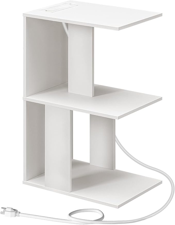Modern End Table with Charging Station, Narrow Side Table for Small Spaces with 2 Open Storage Shelf, Narrow Nightstand with Light, Thin Bedside Table for Living Room, White ETWT18E01Z