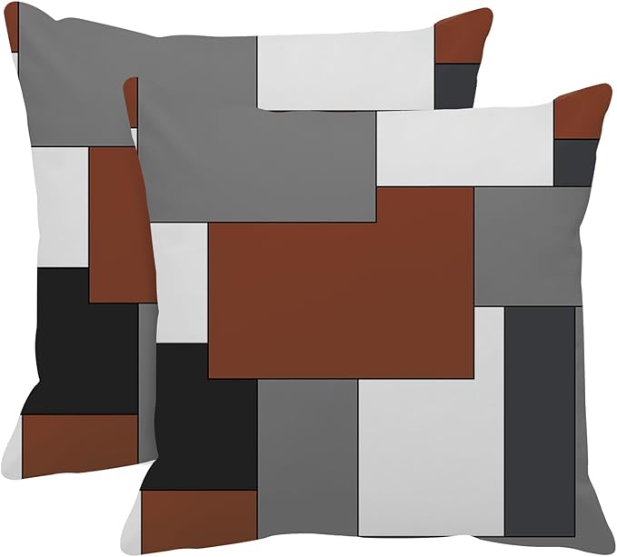 Emvency Set of 2 Dark Rust Geometric Throw Pillow Cover Black Grey White Painting Abstract Checkered Design Decorative Pillow Case Modern Home Decor Standard Square 18x18 Inch Cushion Pillowcase