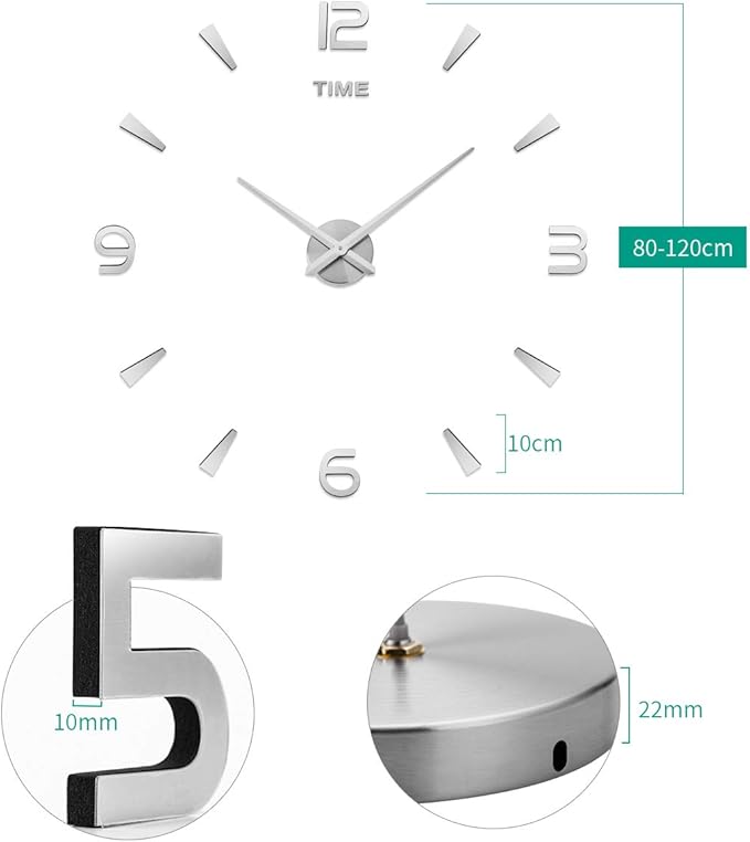 AILILIFE 3D DIY Wall Clock Decor Sticker Mirror Frameless Large DIY Wall Clock Kit for Home Living Room Bedroom Office Decoration (Sliver)
