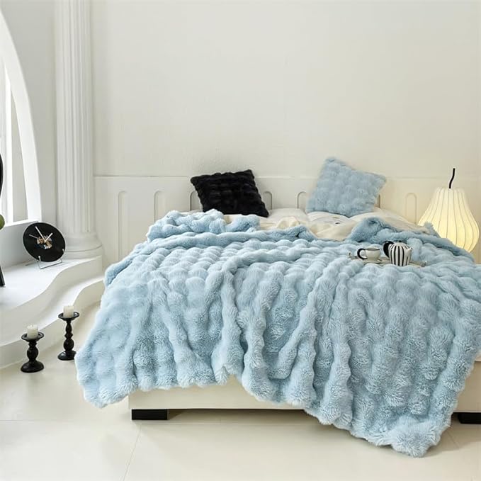 H&D Faux Fur Throw Blanket for Couch,Fluffy Cozy Soft Plush Luxury Thick Fuzzy Fleece Blanket for Couch Bed Sofa Bedroom Living Room,Comfy Bubble Blanket(Light Blue, Queen (80"x90"))