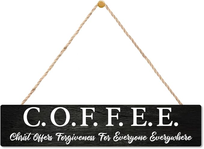 AGMDESIGN Kitchen Cafe Coffee Bar Pub Signs Decor for Wall, Christ Offers Forgiveness for Everyone Everywhere Wooden Sign, Religious Coffee Lover Gifts for Friends, Rustic Cafe Wooden Hanging Plaque