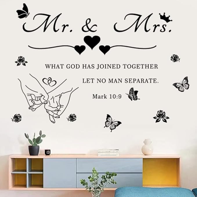 Mr. and Mrs. Wall Decals Wall Art Sticker Peel and Stick Wedding Sayings Art Lettering Stickers Hands with Hearts Romantic Wall Decor Wedding Anniversary Decor Bedroom Living Room Home Decor