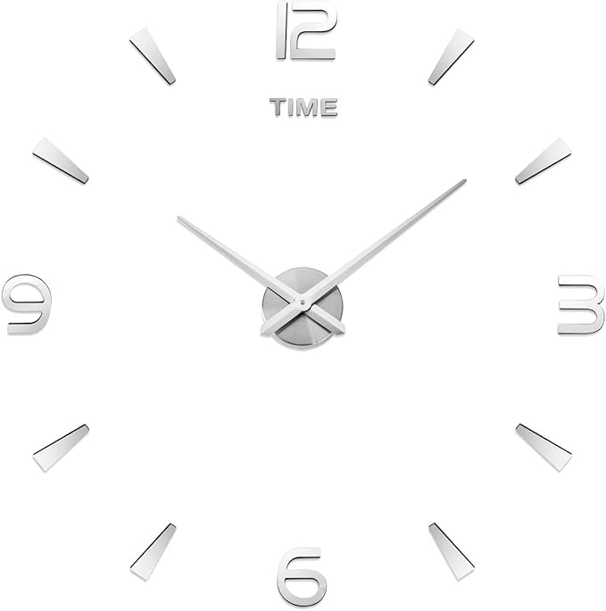 AILILIFE 3D DIY Wall Clock Decor Sticker Mirror Frameless Large DIY Wall Clock Kit for Home Living Room Bedroom Office Decoration (Sliver)