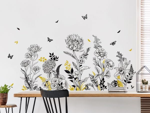 Black Yellow Flower Wall Decals, 3 Sheets Sketch Garden Floral Wall Stickers Simple Line Wildflower Grass Butterflies Art Decor Bedroom Bathroom Hallway Sofa Gifts for Mom(11.8x35.4 in/Sheet)