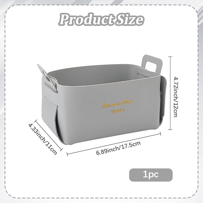 Foldable Storage Basket Bin PU Leather Desktop Organizer Box Gray Small Catchall Basket Rectangle Tray Double Handles for Entryway Bedside Dresser End Table Cosmetic Jewelry Key Wallet