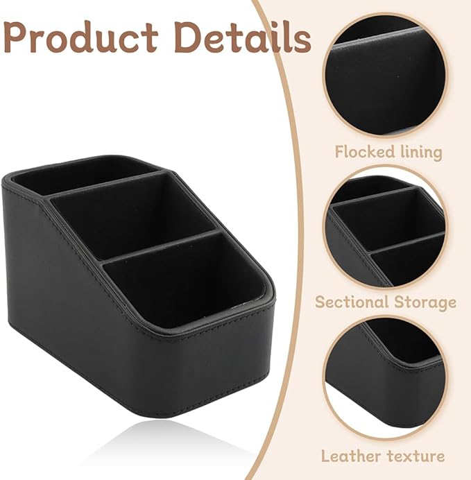 PU Leather Remote Control Holder, Small TV Remote Holder with 3 Compartments, Bedside Table Desktop Organizer for DVD, Media Player, Heater Controllers, Cosmetics, Office Supplies(COLOR:Black)