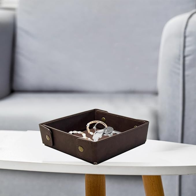 PU Leather Valet Tray Foldable Leather Jewelry Storage Case Catchall Travel Dish Plate Dark Brown Necklace Pendant Organizer Holder Container for Men Women Desk Bedside Drawers