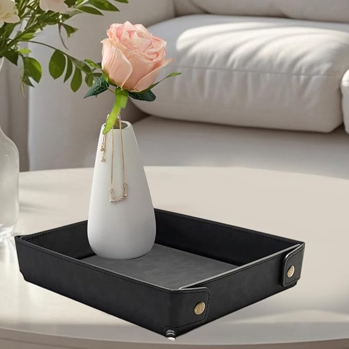 Black PU Leather Jewelry Valet Tray Foldable Leather Necklace Storage Case Portable Catchall Travel Dish Plate Pendant Organizer Holder Container for Men Women Desk Bedside Drawers