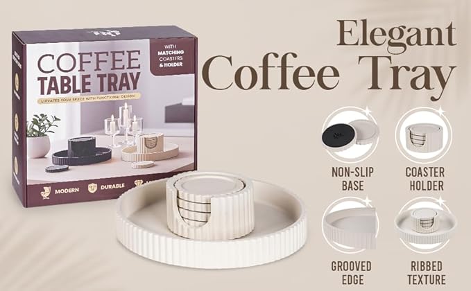 Decorative Coffee Table Ottoman Tray with Coasters | Modern Neutral Home Decor Accent | Console Table Decor | Kitchen Table Centrepiece | Luxury Apartment Decor | Decorative Centerpieces for Tables