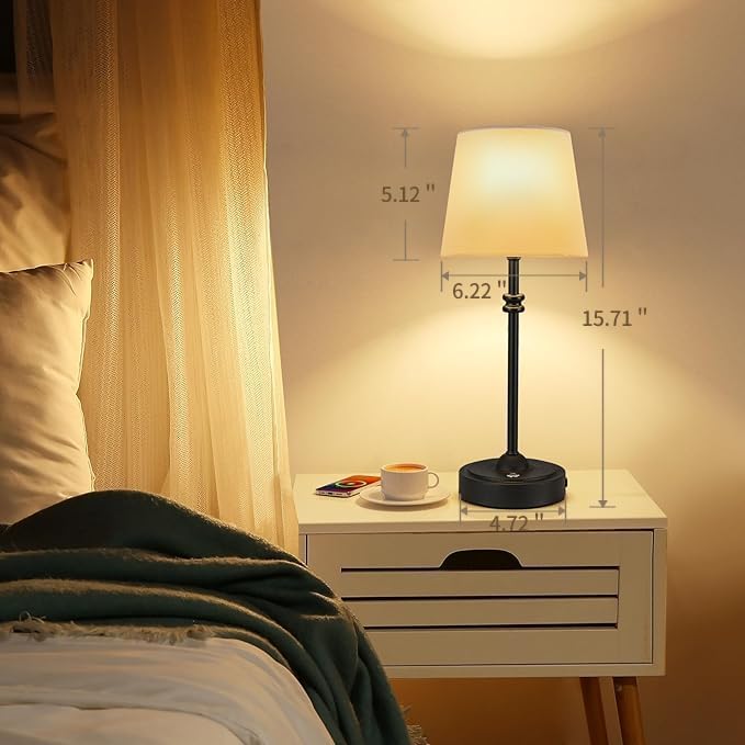 ONEWISH Cordless Lamp-Battery Operated Table lamp, 4000mAh Rechargeable, Stepless Dimmable, Small Touch Bedside Lamp with White LampsShade, 2700K Warm Ambient Light for Dining, Patio, Bathroom(Black)