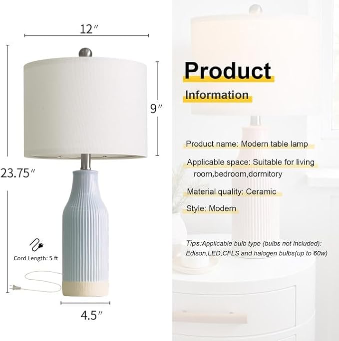 23.75inch Light Blue Modern Ceramic Bedside Lamp Set of 2 with 5FT Cord for Bedroom Decor Farmhouse Table Lamp for Living Room Office Dorm