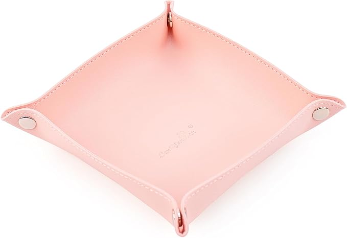 SANQIANWAN PU Leather Arc Edge Jewelry Valet Tray for Man and Women, Portable Mini Entryway Table Tray Bedside Nightstand Desk Tray Small Travel Dish Plate for Key,Wallet,Watch,Coin (Pink)