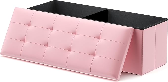 MoNiBloom 43 Inch Storage Ottoman Bench, 34 Gal. Folding Ottoman Footrest, End of Bed Bench, Rectangle Foot Stool, Supports 600 lbs, for Bedroom, Living Room, Entryway, Hallway, Light Pink