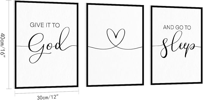 Give It To God And Go To Sleep 3-Piece Wall Sign Decor: Framed Modern Minimalist Quotes for Couples Above Bed 12"x16"