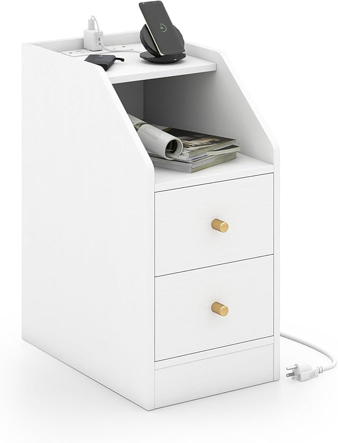 KOMFOTT Nightstand with Charging Station, End Table with 2 Storage Drawers, Sofa Beside Table with AC Outlets, USB and Type-C Ports, Modern Narrow Nightstand for Bedroom Small Space (White,1)