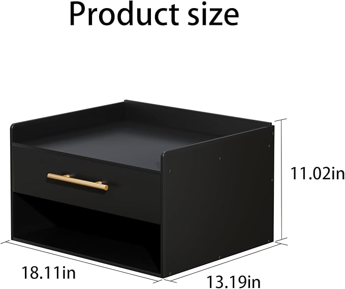 Bamboo Floating Nightstand with Storage Drawer and Modern Open Shelf Cubby，Bedroom, Living Room, Kitchen, Tool Room for use. (Black, Assembly)