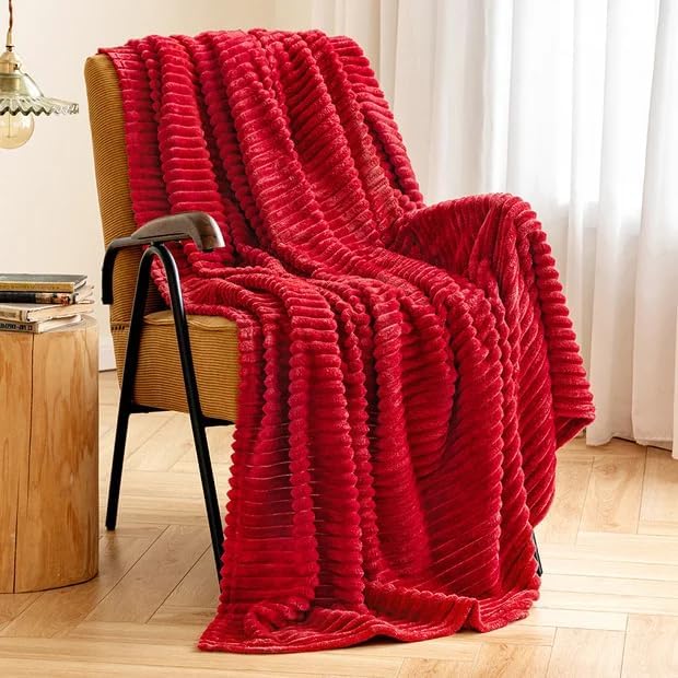 MIULEE Throw Blanket 3D Ribbed Jacquard Fleece Flannel Velvet Plush Decorative Bed Blankets (Throw, 50" x 70") - Super Soft, Lightweight, Warm and Cozy for Couch Sofa, Red