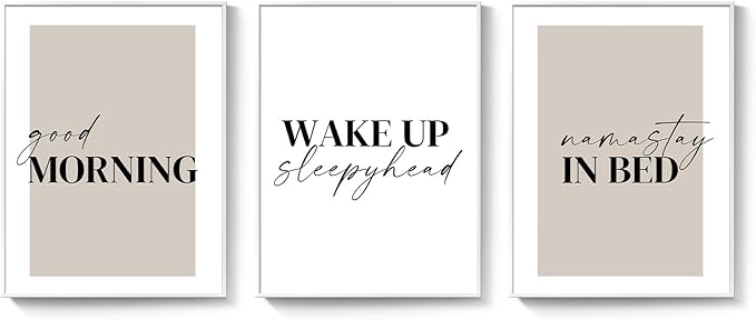 Framed Neutral 3 Piece Wall Art Master Bedroom, Minimalist Modern Painting Print Pictures Canvas Artwork for Walls, Typography Quote Good Morning Nursery Guest Room Wall Decor Above Bed, 12x16 Inch
